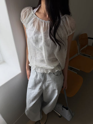 Floral See-through Layered Short Sleeve Blouse, Sheer Layered Chiffon Shirred Short Sleeve