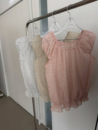 Floral See-through Layered Short Sleeve Blouse, Sheer Layered Chiffon Shirred Short Sleeve