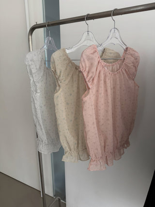 Floral See-through Layered Short Sleeve Blouse, Sheer Layered Chiffon Shirred Short Sleeve