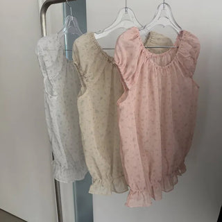 Floral See-through Layered Short Sleeve Blouse, Sheer Layered Chiffon Shirred Short Sleeve
