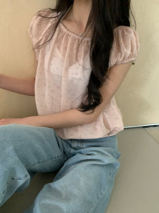 Floral See-through Layered Short Sleeve Blouse, Sheer Layered Chiffon Shirred Short Sleeve