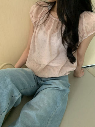Floral See-through Layered Short Sleeve Blouse, Sheer Layered Chiffon Shirred Short Sleeve