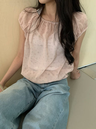 Floral See-through Layered Short Sleeve Blouse, Sheer Layered Chiffon Shirred Short Sleeve