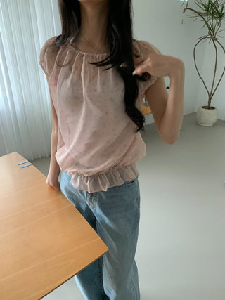 Floral See-through Layered Short Sleeve Blouse, Sheer Layered Chiffon Shirred Short Sleeve