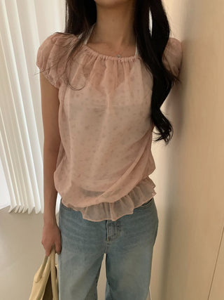 Floral See-through Layered Short Sleeve Blouse, Sheer Layered Chiffon Shirred Short Sleeve