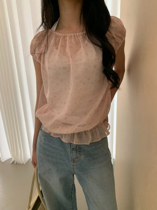 Floral See-through Layered Short Sleeve Blouse, Sheer Layered Chiffon Shirred Short Sleeve