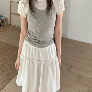 Embossed frill midi skirt elastic waist skirt