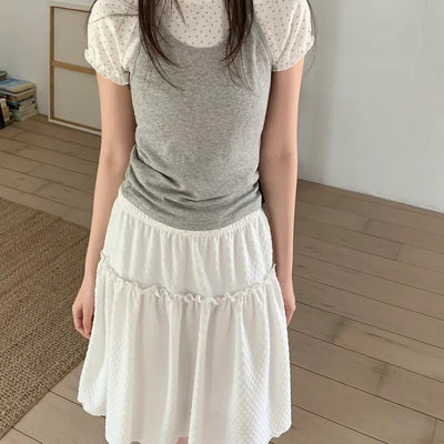 Embossed frill midi skirt elastic waist skirt