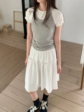 Embossed frill midi skirt elastic waist skirt