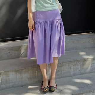 Colored paper vivid button midi skirt flare elastic waistband skirt