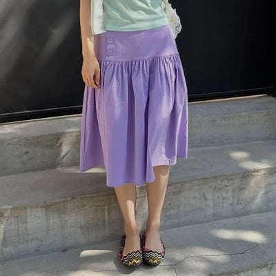 Colored paper vivid button midi skirt flare elastic waistband skirt