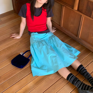 Colored paper vivid button midi skirt flare elastic waistband skirt