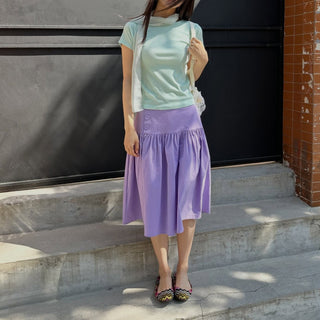 Colored paper vivid button midi skirt flare elastic waistband skirt