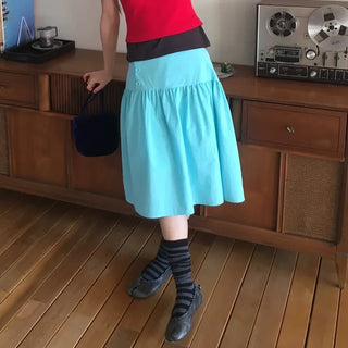 Colored paper vivid button midi skirt flare elastic waistband skirt