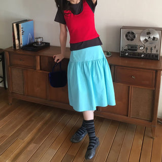 Colored paper vivid button midi skirt flare elastic waistband skirt