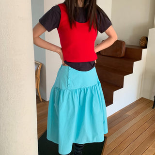 Colored paper vivid button midi skirt flare elastic waistband skirt