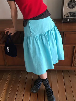 Colored paper vivid button midi skirt flare elastic waistband skirt