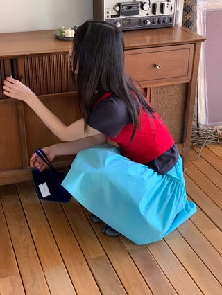 Colored paper vivid button midi skirt flare elastic waistband skirt
