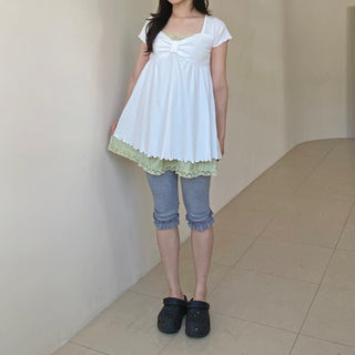 Frilled 3/4 ribbed leggings, biker pants, capri pants