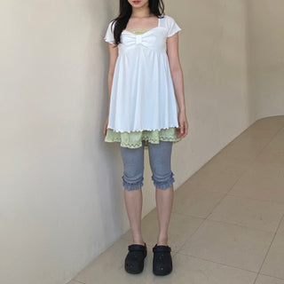Frilled 3/4 ribbed leggings, biker pants, capri pants