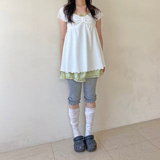 Frilled 3/4 ribbed leggings, biker pants, capri pants