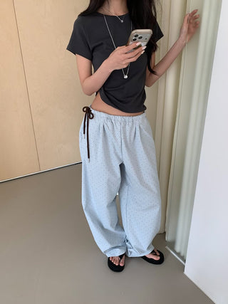 Pintuck side ribbon polka dot pants small polka dot jogger pants