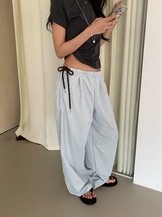 Pintuck side ribbon polka dot pants small polka dot jogger pants