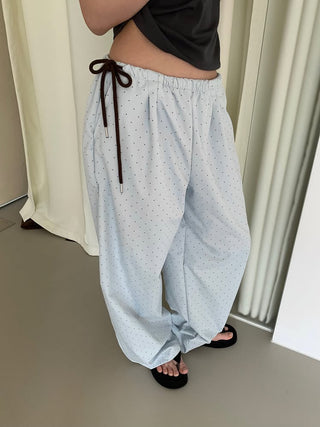 Pintuck side ribbon polka dot pants small polka dot jogger pants