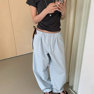Pintuck side ribbon polka dot pants small polka dot jogger pants