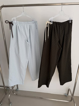 Pintuck side ribbon polka dot pants small polka dot jogger pants