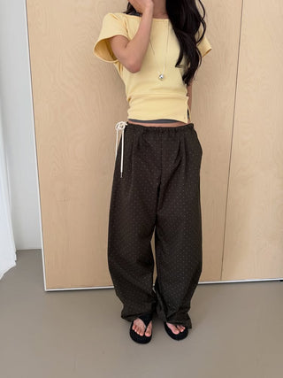 Pintuck side ribbon polka dot pants small polka dot jogger pants