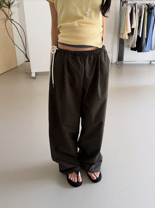 Pintuck side ribbon polka dot pants small polka dot jogger pants