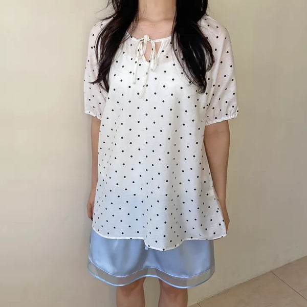 Linen Dot Balloon Blouse Summer Polka Dot Loose Fit Blouse