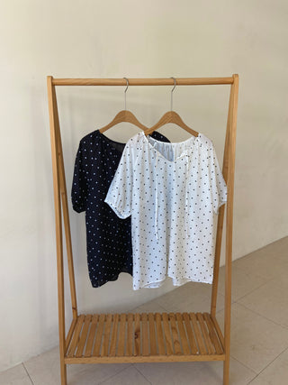 Linen Dot Balloon Blouse Summer Polka Dot Loose Fit Blouse