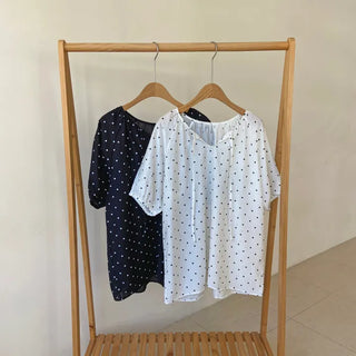 Linen Dot Balloon Blouse Summer Polka Dot Loose Fit Blouse