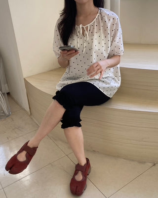 Linen Dot Balloon Blouse Summer Polka Dot Loose Fit Blouse