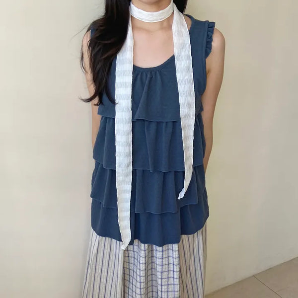 Embossed Frill Tiered Sleeveless Mori Girl T-shirt