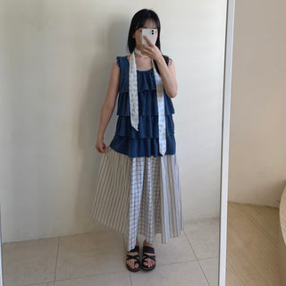Embossed Frill Tiered Sleeveless Mori Girl T-shirt