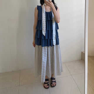 Embossed Frill Tiered Sleeveless Mori Girl T-shirt