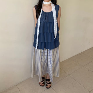 Embossed Frill Tiered Sleeveless Mori Girl T-shirt