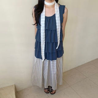 Embossed Frill Tiered Sleeveless Mori Girl T-shirt