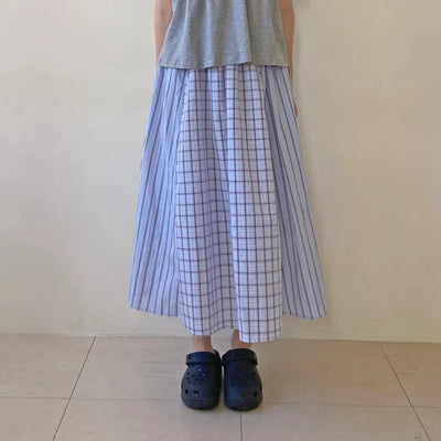 Patchwork color-block vintage check skirt summer sheer long skirt