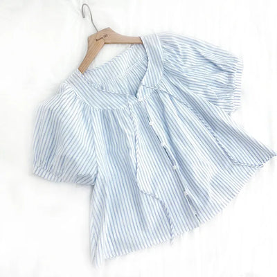 Blue Stripe Balloon Blouse Seersucker Loose Fit Blouse