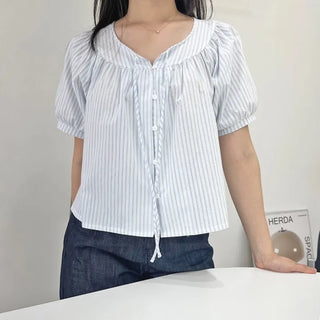 Blue Stripe Balloon Blouse Seersucker Loose Fit Blouse
