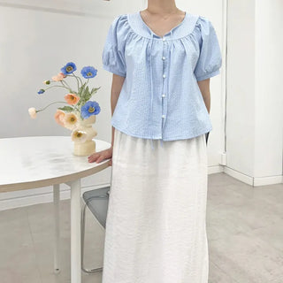 Blue Stripe Balloon Blouse Seersucker Loose Fit Blouse