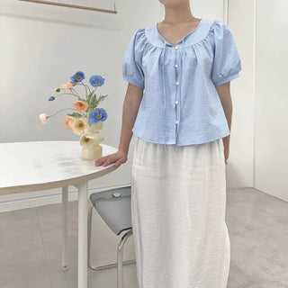 Blue Stripe Balloon Blouse Seersucker Loose Fit Blouse