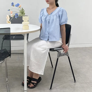 Blue Stripe Balloon Blouse Seersucker Loose Fit Blouse