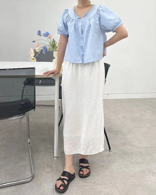Blue Stripe Balloon Blouse Seersucker Loose Fit Blouse