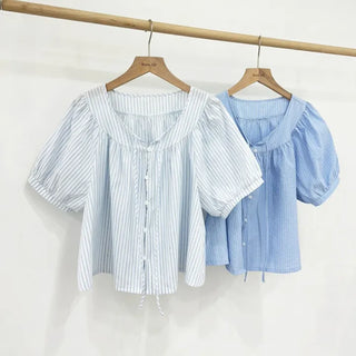 Blue Stripe Balloon Blouse Seersucker Loose Fit Blouse