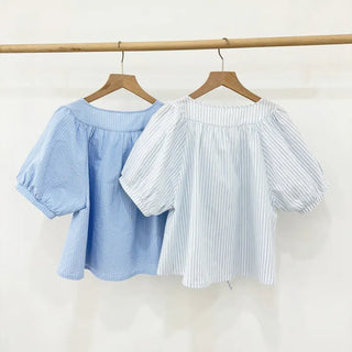 Blue Stripe Balloon Blouse Seersucker Loose Fit Blouse